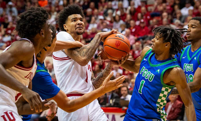 Indiana's Kel'el Ware (1) gets fouled on his way to the basket during the first half of the Indiana versus Florida Gulf Coast men's basketball game at Simon Skjodt Assembly Hall.
